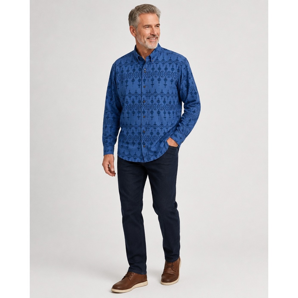 Chaps Button Front Shirt Mens Large Custom‎ Fit Blue Cotton Aztec Print